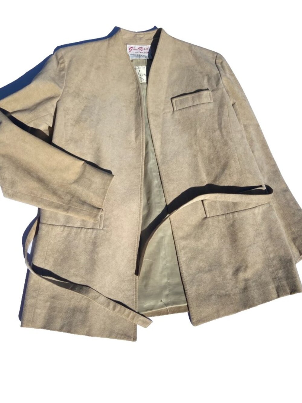 Vintage Gino Rossi For Wilson Open Front Blazer Jacket, w belt-Taupe - 10 Suede